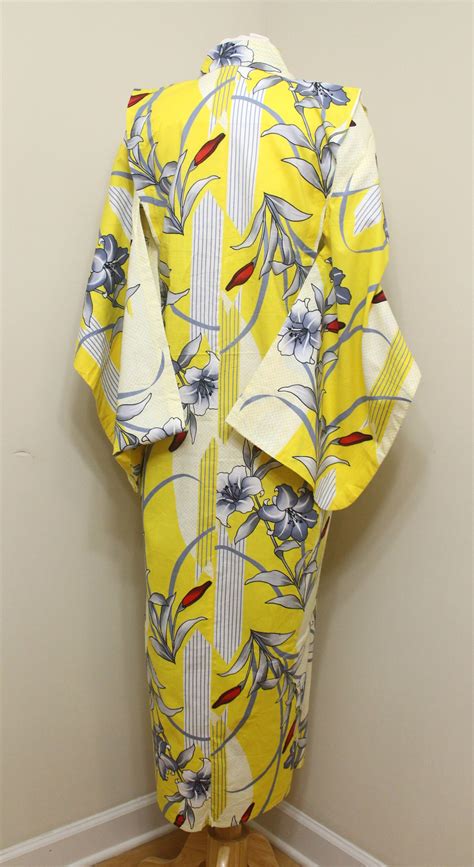 Japanese Vintage Yukata Cotton Summer Robe In Yellow Retro Floral Ref