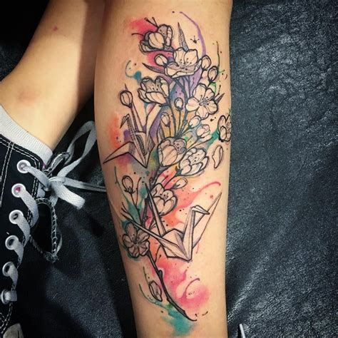 Watercolor Paper Cranes And Cherry Blossoms Done By Tyson Taumaoe