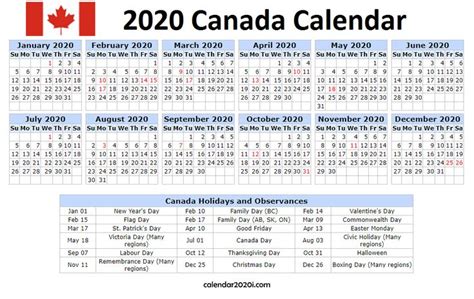 2020 Canada Holidays Calendar Printable Holiday Calendar Printable