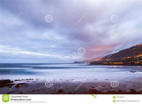 Beautiful Evening Seascape Panorama With Long Exposure Stock Photo