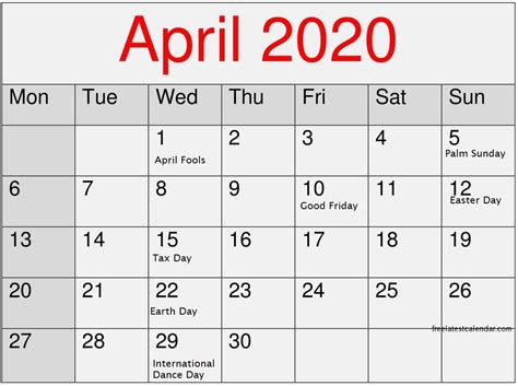 April 2020 Calendar With National Holidays Calendar For April