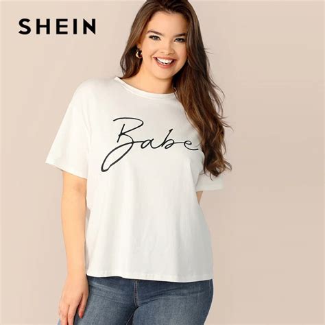 Shein Plus Size White Letter Print Short Sleeve T Shirt 2019 Women Summer Causal Round Neck