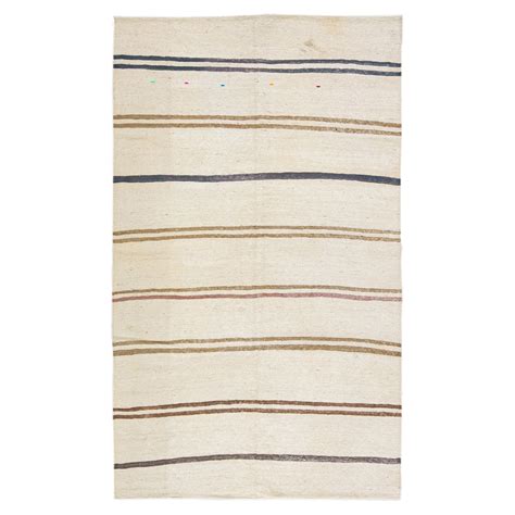 Vintage Striped Kilim Handmade Flatweave Beige Wool Rug For Sale At 1stdibs