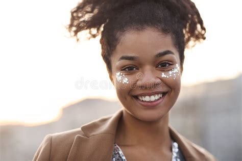 Outdoor Portrait Of Happy Joyful African American Woman With Shiny