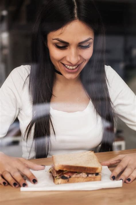 Beautiful Smiling Young Woman Eating Sandwich In Cafe Cafe Wind Stock Image Image Of