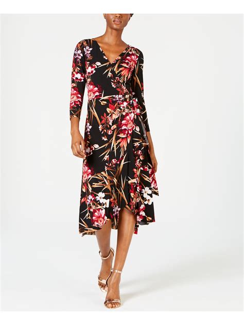 Connected Apparel Womens Black Floral 34 Sleeve Midi Wrap Dress Size