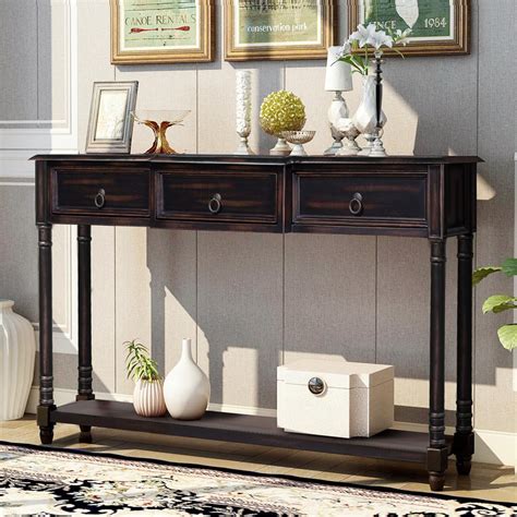 Narrow Long Console Table Wood Buffet Sideboard With 3 Storage Drawers