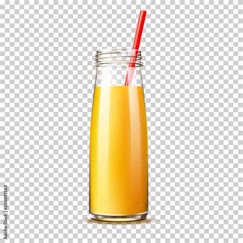 Realistic Orange Juice Bottle With Straw Without Lid On Transparent