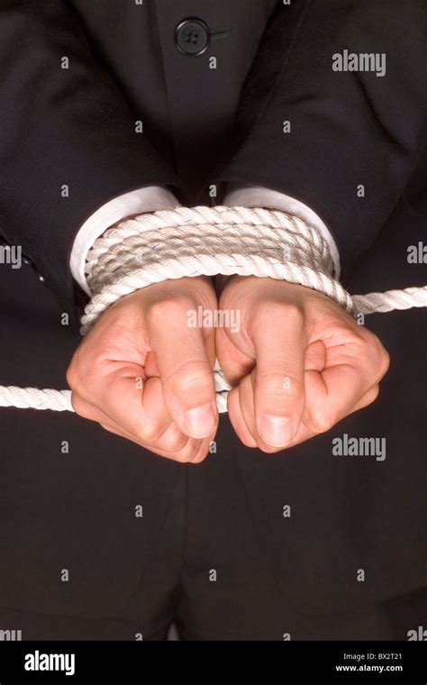 Business Businessman Man Hands Engaged Tied Up Chains Helplessly Symbol