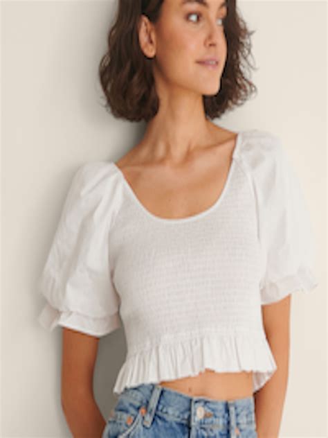 Buy Na Kd White Smocked Crop Top With Frilled Hem Tops For Women