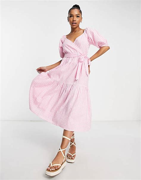 Influence Puff Sleeve Tiered Midi Dress In Pink Gingham Asos