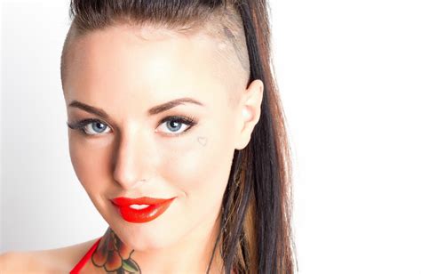 Shaved Head Looking At Viewer Piercing White Background Christy Mack Red Lipstick Simple