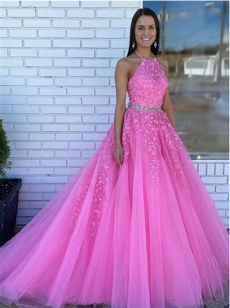 Modest Halter Tulle Appliques Long Prom Dresses Hot Pink Formal