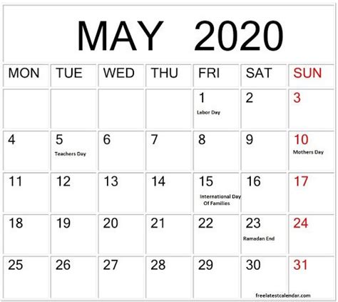 May 2020 Calendar With National Holidays Free Printable Calendar