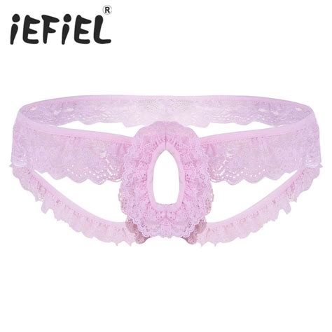 Iefiel Sexy Mens Lingerie Lacy Frilly Sissy Panties Crotchless Open