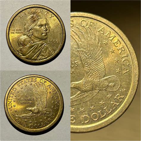 2000 D - Sacagawea Dollar Coin - Rare - Raised Up Feathers - Gold Coin