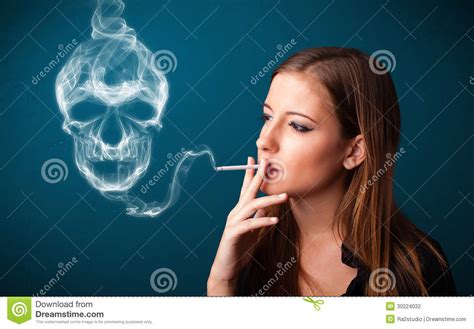 Young Woman Smoking Dangerous Cigarette With Toxic Skull