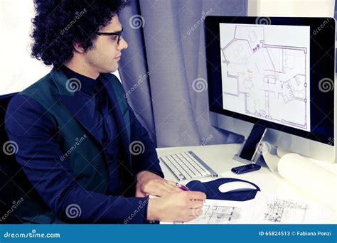 Serious Architect Working With Computer In Office Stock Image Image