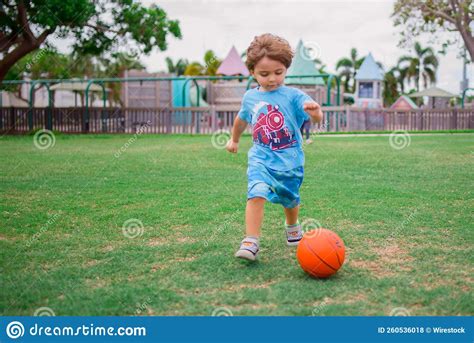 Caucasian Little Boy Playing With Ball In Greenery Field Stock Photo