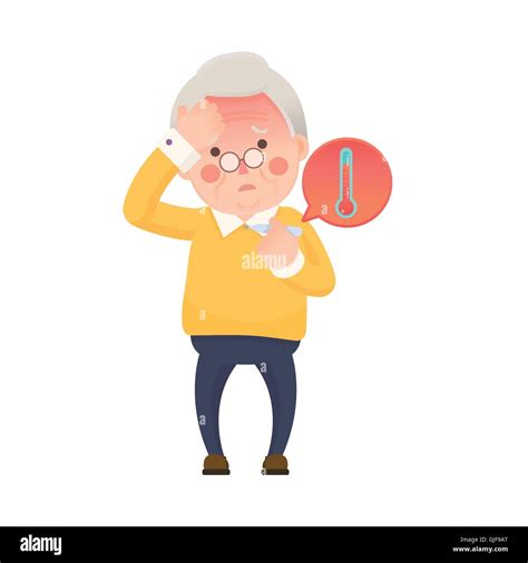 Vector Illustration Of Sick Old Man Suffering From A Fever And Checking