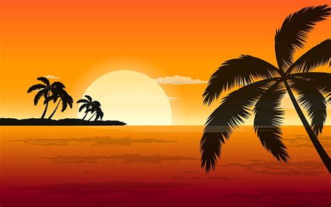 Beach Palm Sunset Ocean Horizon Artwork Landscape Hd Wallpaper