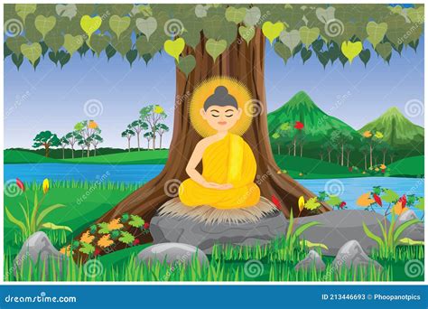 Buddha Meditated Under The Bodhi Tree Vector Design Stock Vector