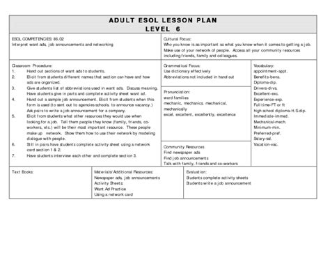 ESOL Competencies Lesson Plan for Higher Ed | Lesson Planet