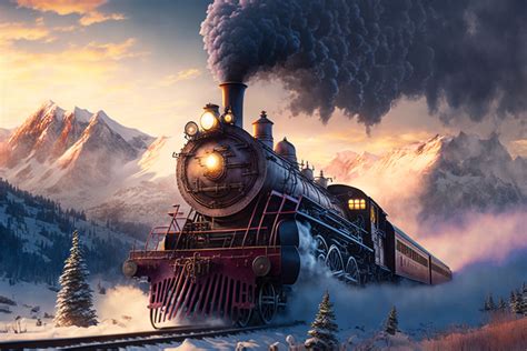Pixar Style Steam Locomotive Train Running Through The Snowy Mo