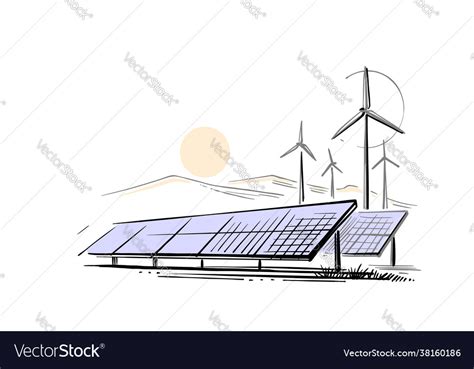 Wind Turbines And Solar Panels Sketch Royalty Free Vector