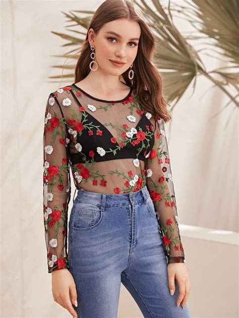 Sheer Floral Embroidery Mesh Top Without Bra Sponsored Affiliate