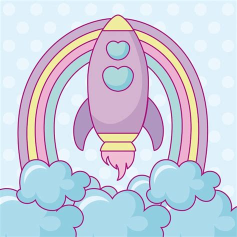 Premium Vector Kawaii Rocket With Clouds And Rainbow