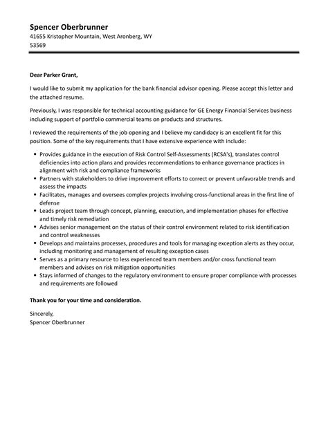 Bank Financial Advisor Cover Letter | Velvet Jobs