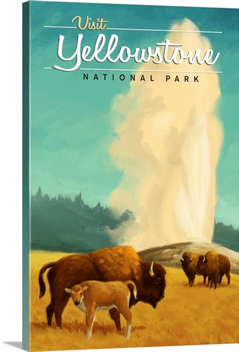 Yellowstone National Park Bisons And Geyser Retro Travel Poster Wall
