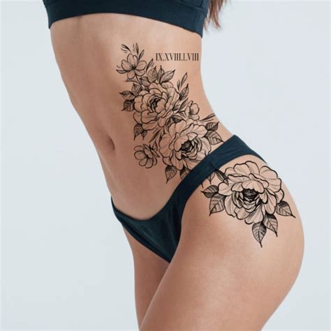 Floral Sexy Temporary Tattoo For Side Of Body To Hip Area And Roman Nu