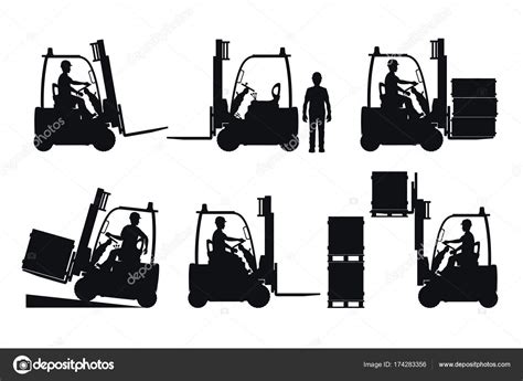 Electric Forklift Vector Silhouettes On White Background Stock Vector