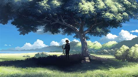 Anime Grass Sky Landscape Field Meadow Clouds Summer Tree
