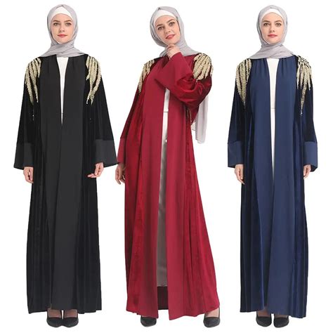Abaya Women Muslim Open Front Cardigan Velvet Maxi Dress Beading Dubai Arab Jilbab Kaftan Robe