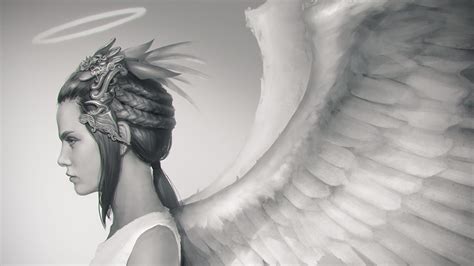 Wallpaper Wings Girls Fantasy Angels Black And White Halo 2560x1440