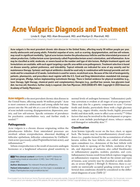 Acne Vulgaris Diagnosis And Treatment P475 Pdf Dermatology