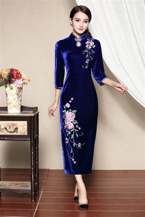 Amazing Embroidery Chinese Qipao Cheongsam Dress Blue Qipao