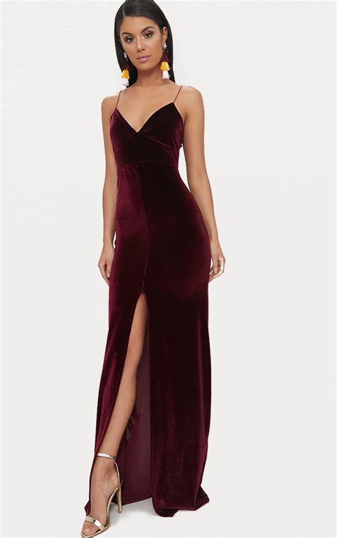 Burgundy Velvet Plunge Strappy Split Detail Maxi Dress Prettylittlething Usa