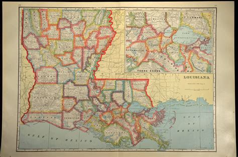 Louisiana County Map Louisiana Large Antique Colorful Vintage Wall