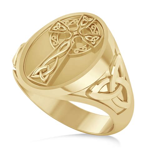 Mens Celtic Signet Irish Cross Ring 14k Yellow Gold Clear771