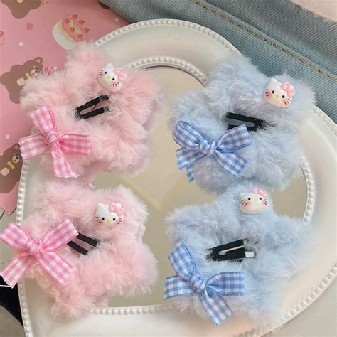 Y2k Star Plush Plaid Blue Pink Kitty Cat Hair Clip Hair Accessories