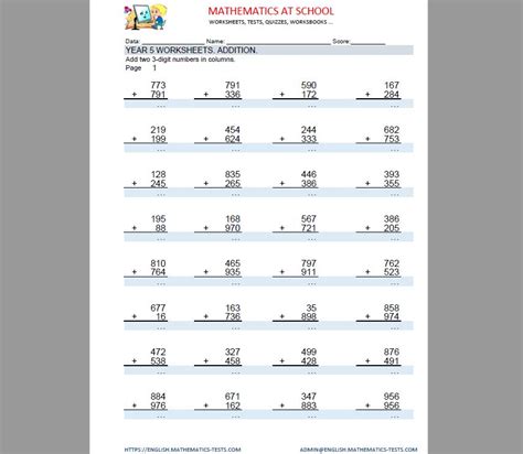 year 5 maths worksheets addition adding two 3 digit numbers in columns