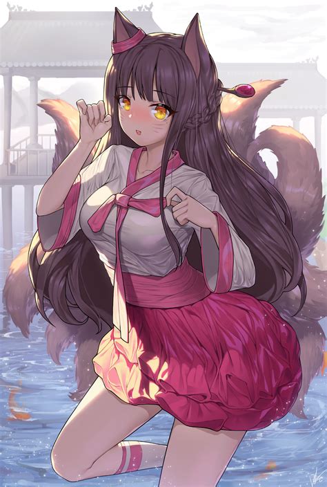 Original Characters Ahri League Of Legends Brunette Fox Girl