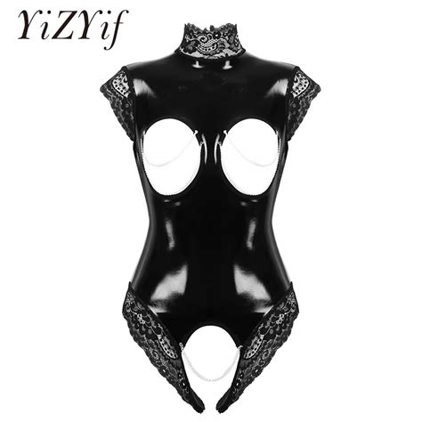 Erotic Latex Body Suit Sexy Cupless Crotchless Lace Teddies Lingerie