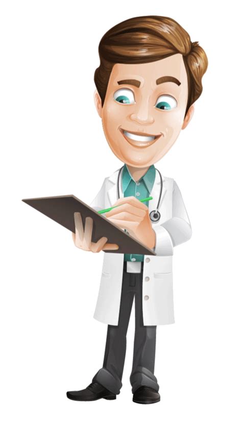 a cartoon male doctor holding a clipboard and pointing at it with his hand on the clipboard
