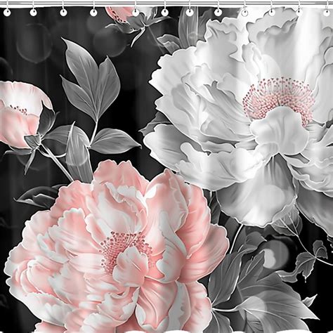 Pink Peony Flower Print Shower Curtain Black And White Floral Bathroom