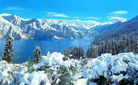 Heavenly Lake Of Tianshan Winter China Snow View Beautiful Lake